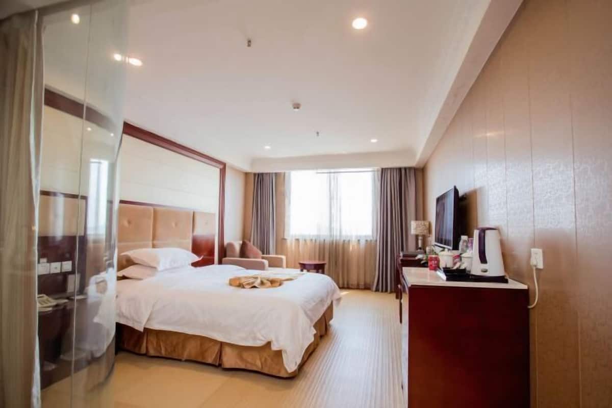 Una habitación de hotel con una cama grande, un escritorio con televisor y un separador de vidrio.