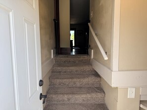 A carpeted staircase with a handrail, leading to a door at the top.
