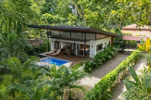 A modern house with a pool surrounded by lush greenery.