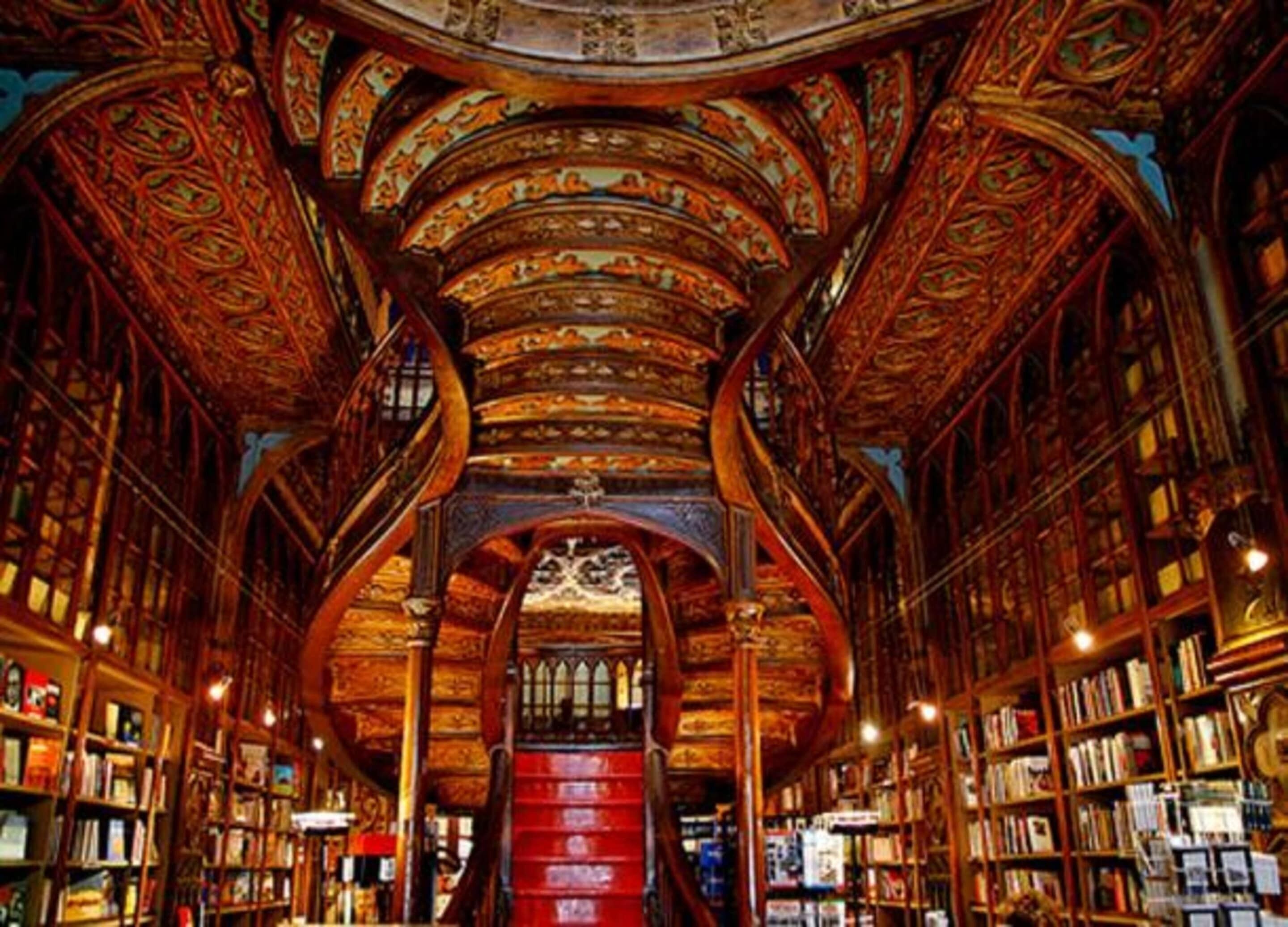 An ornate library interior with bookshelves, a central staircase, and intricate ceiling designs.