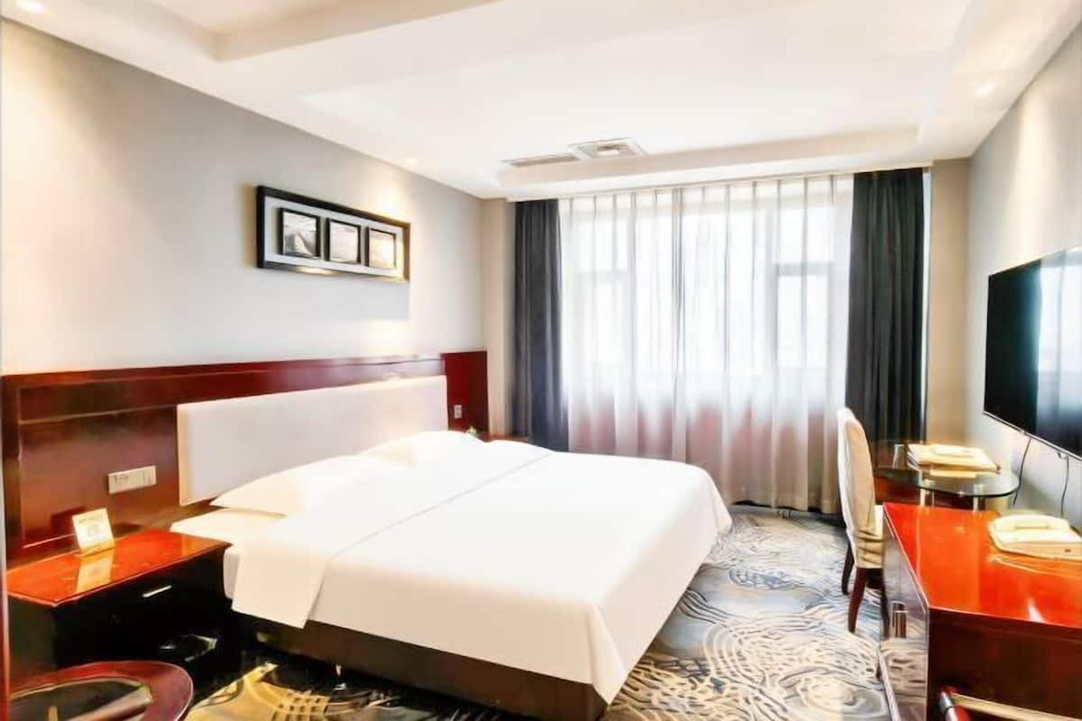 Camera d'albergo con un letto grande, una scrivania con sedia, una TV e una finestra con tende.