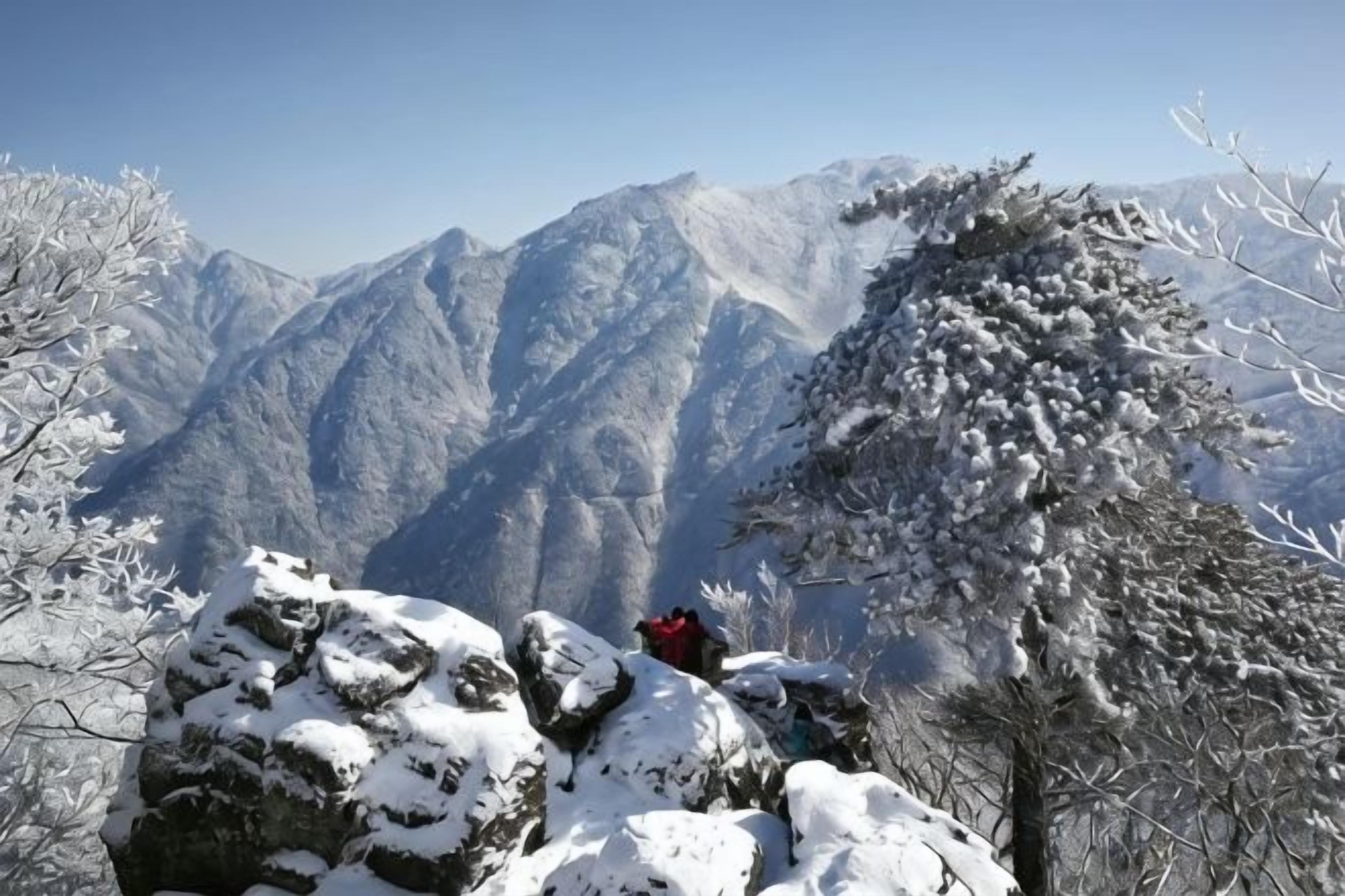 A mountainous landscape with snow-covered trees and rocks.