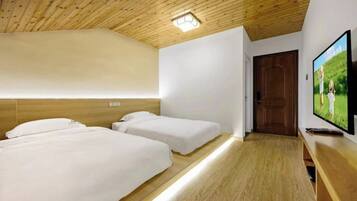 Een kamer met twee bedden, een houten plafond, een televisie en een deur.