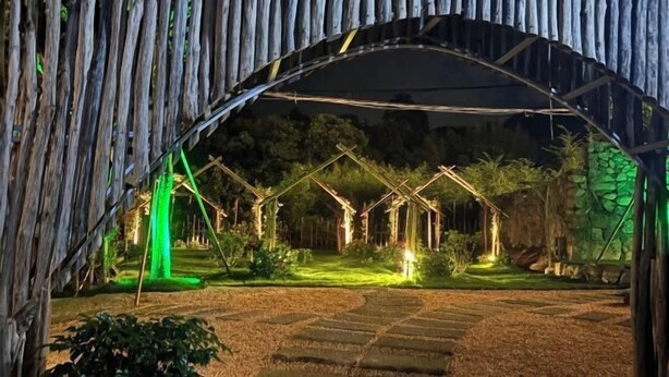 An outdoor area with a wooden archway, stone pathway, and green lighting. - Anji Qile Farm (Anji)