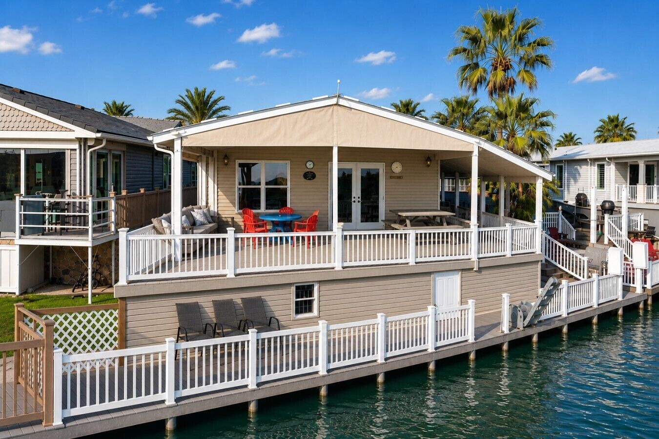 A waterfront property with a covered deck, outdoor seating, and a boat dock.