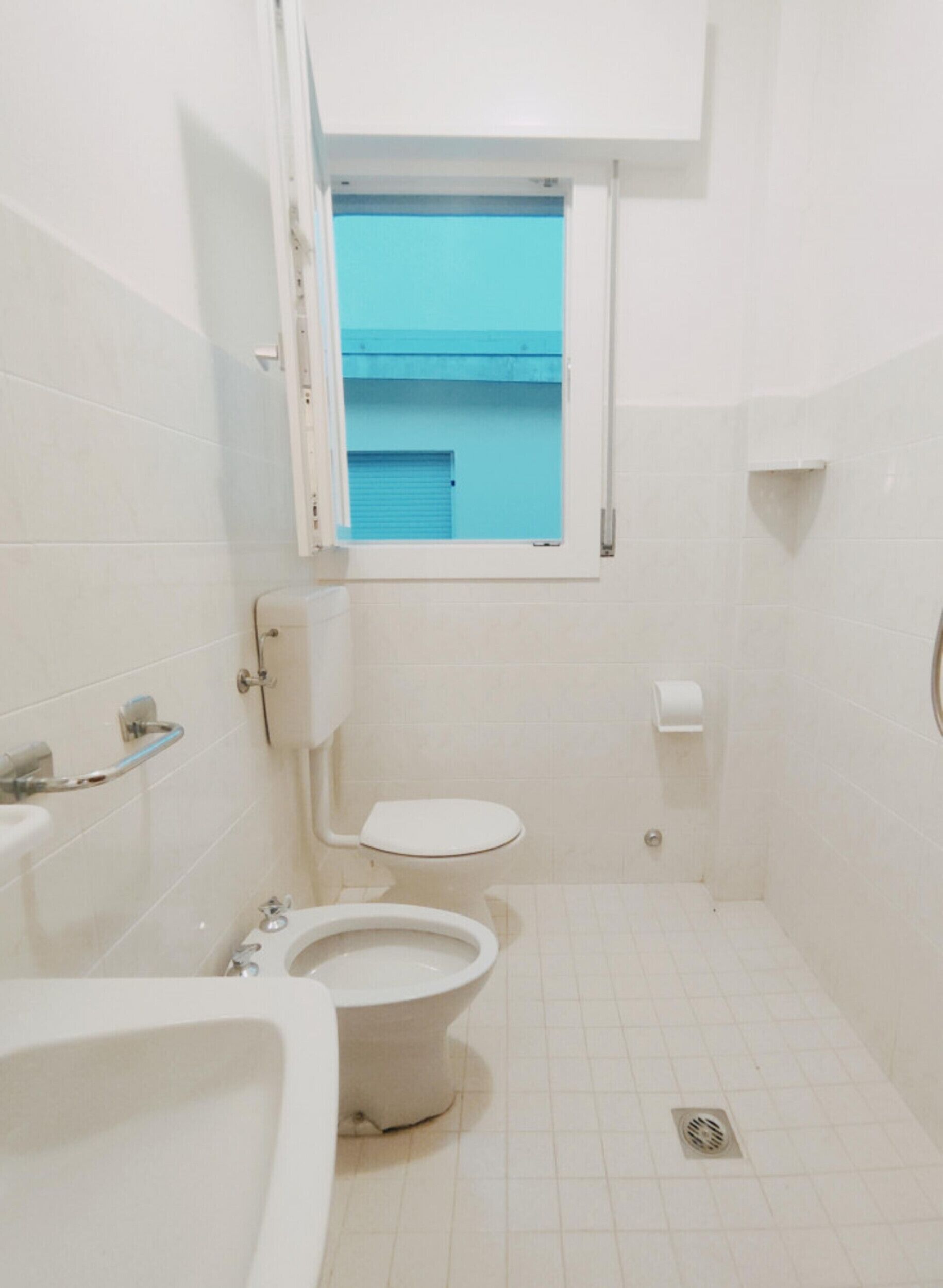 Une petite salle de bain blanche, équipée de toilettes, d’un bidet et d’une fenêtre.