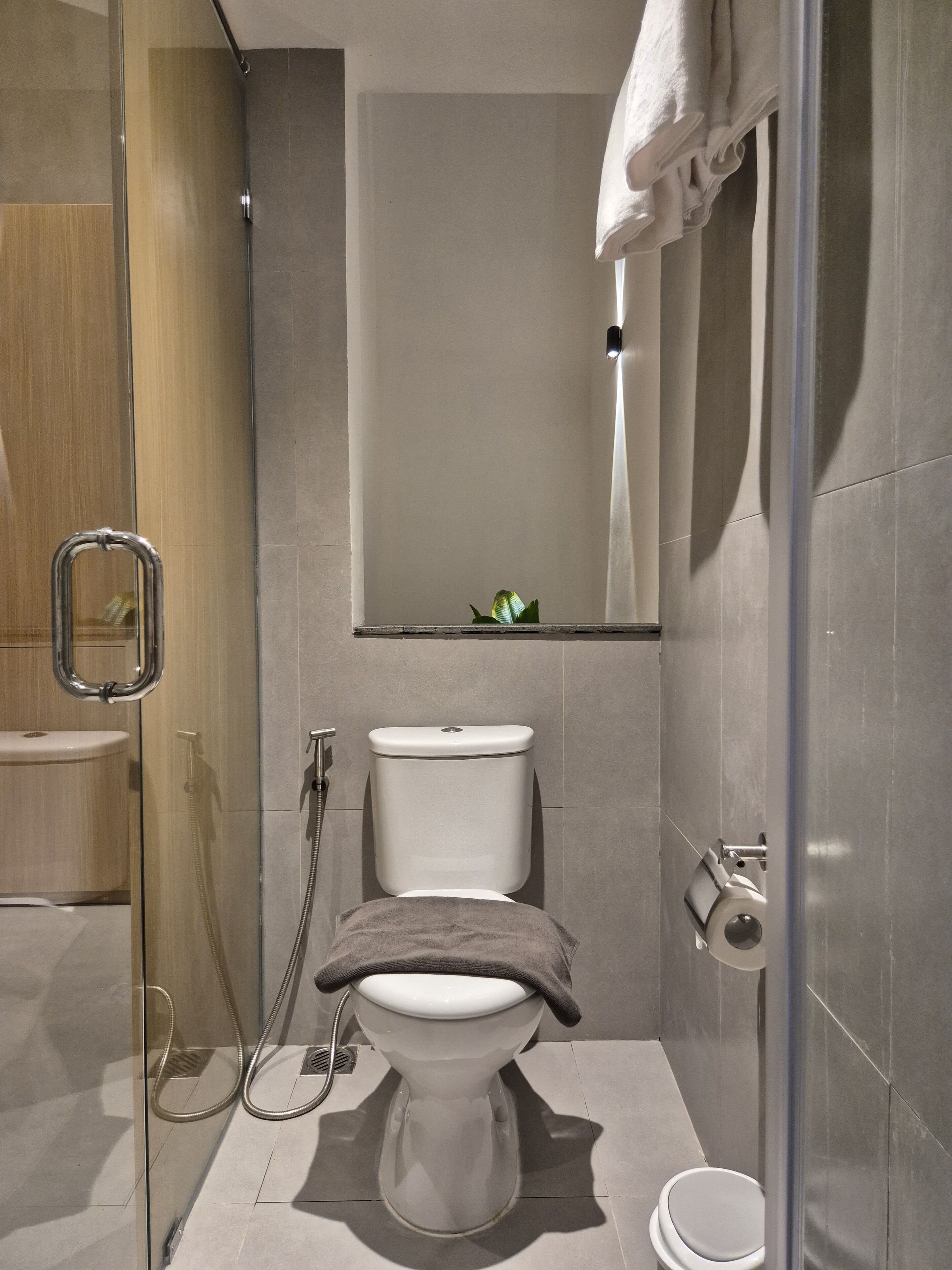 A modern bathroom with a glass-enclosed shower, a toilet, and a sink.