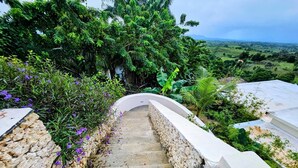 Una escalera de piedra que asciende por una colina, rodeada de exuberante vegetación y con vistas al campo.