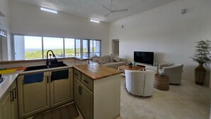 Una cocina moderna con una isla grande, un área de comedor con televisor y un rincón de estar con vistas al paisaje.