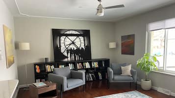 Smart TV, fireplace, books