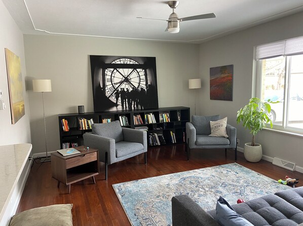 Smart TV, fireplace, books