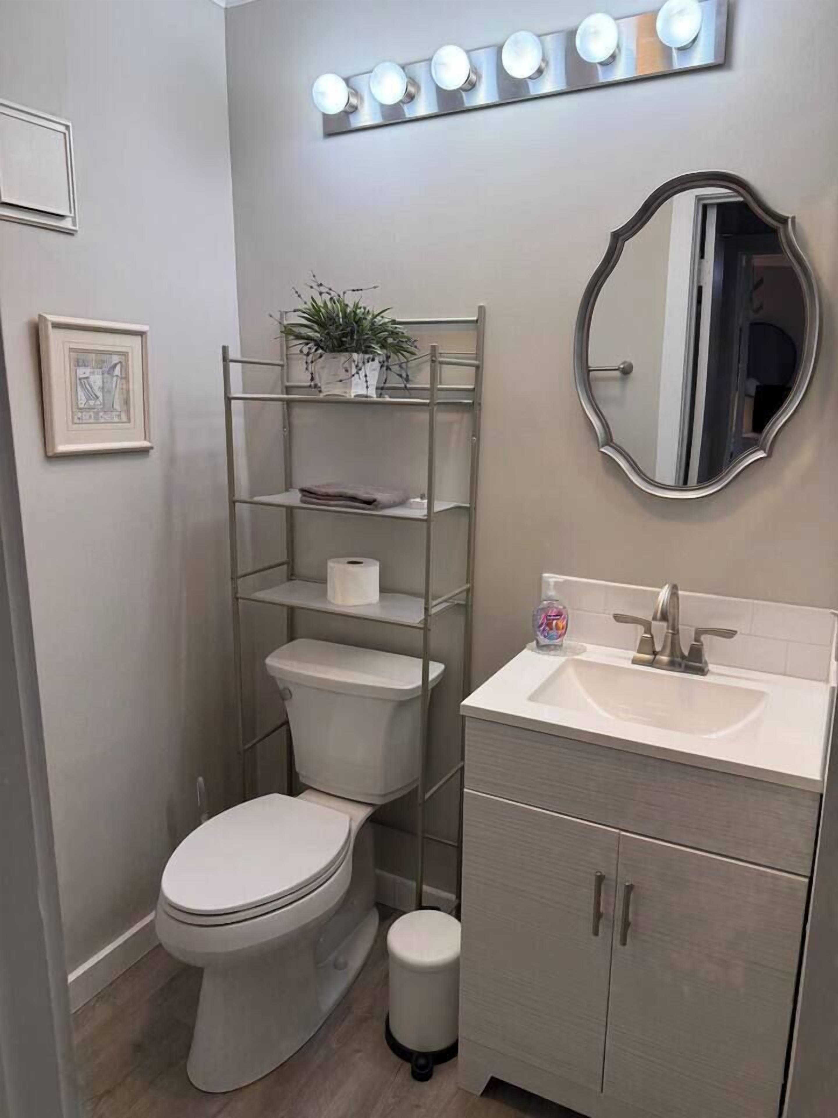 Une salle de bain moderne équipée de toilettes, d’un lavabo, d’un miroir et d’une étagère sur laquelle sont posés une plante et du papier toilette.