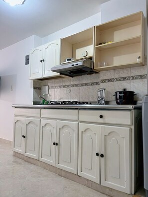 Fridge, stovetop, cookware/dishes/utensils, paper towels