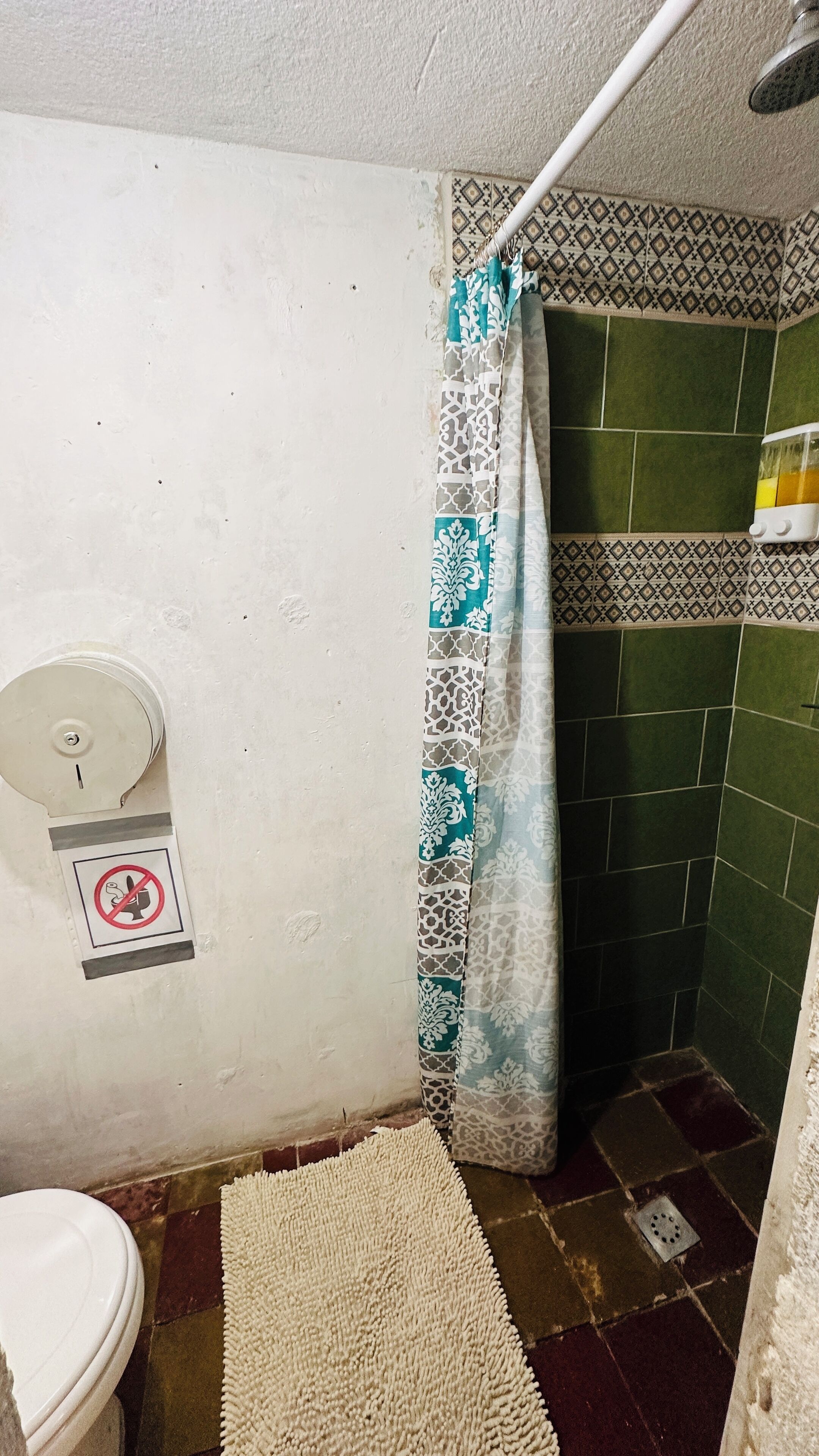 A bathroom with a shower, a toilet, a towel, and a no-smoking sign.