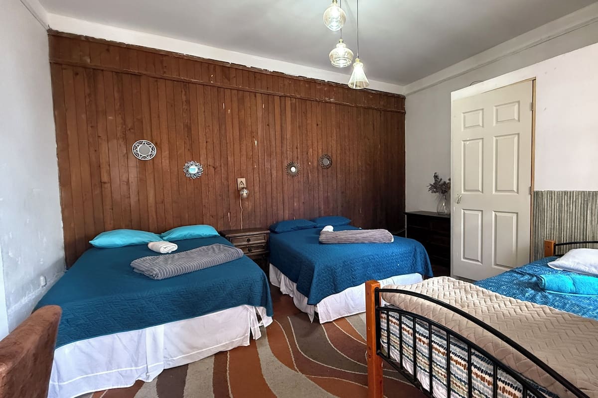 A room with two beds, wooden paneling on the walls, and a door.
