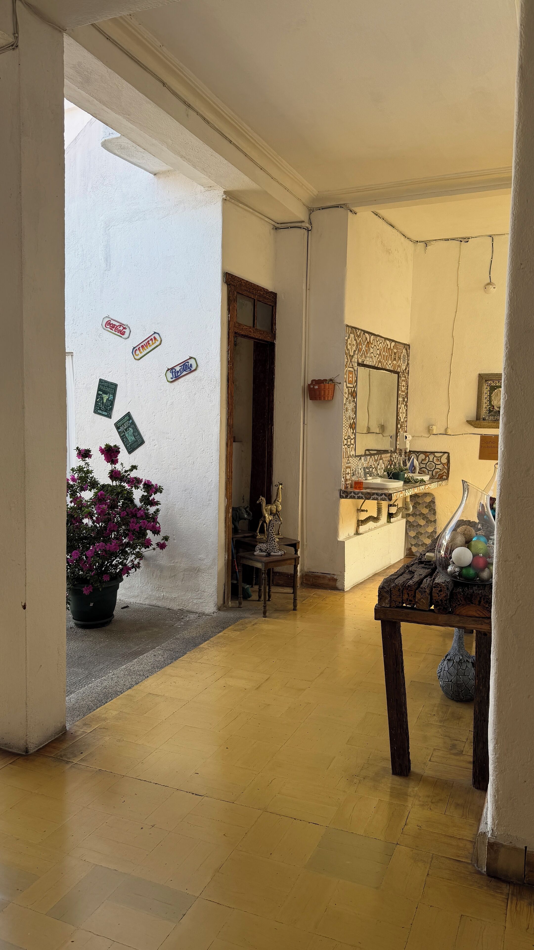 Un pasillo con suelo de madera, una planta en maceta con flores rosadas, una mesa con adornos y un espejo en la pared.