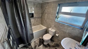 Shower, hair dryer, bidet, towels