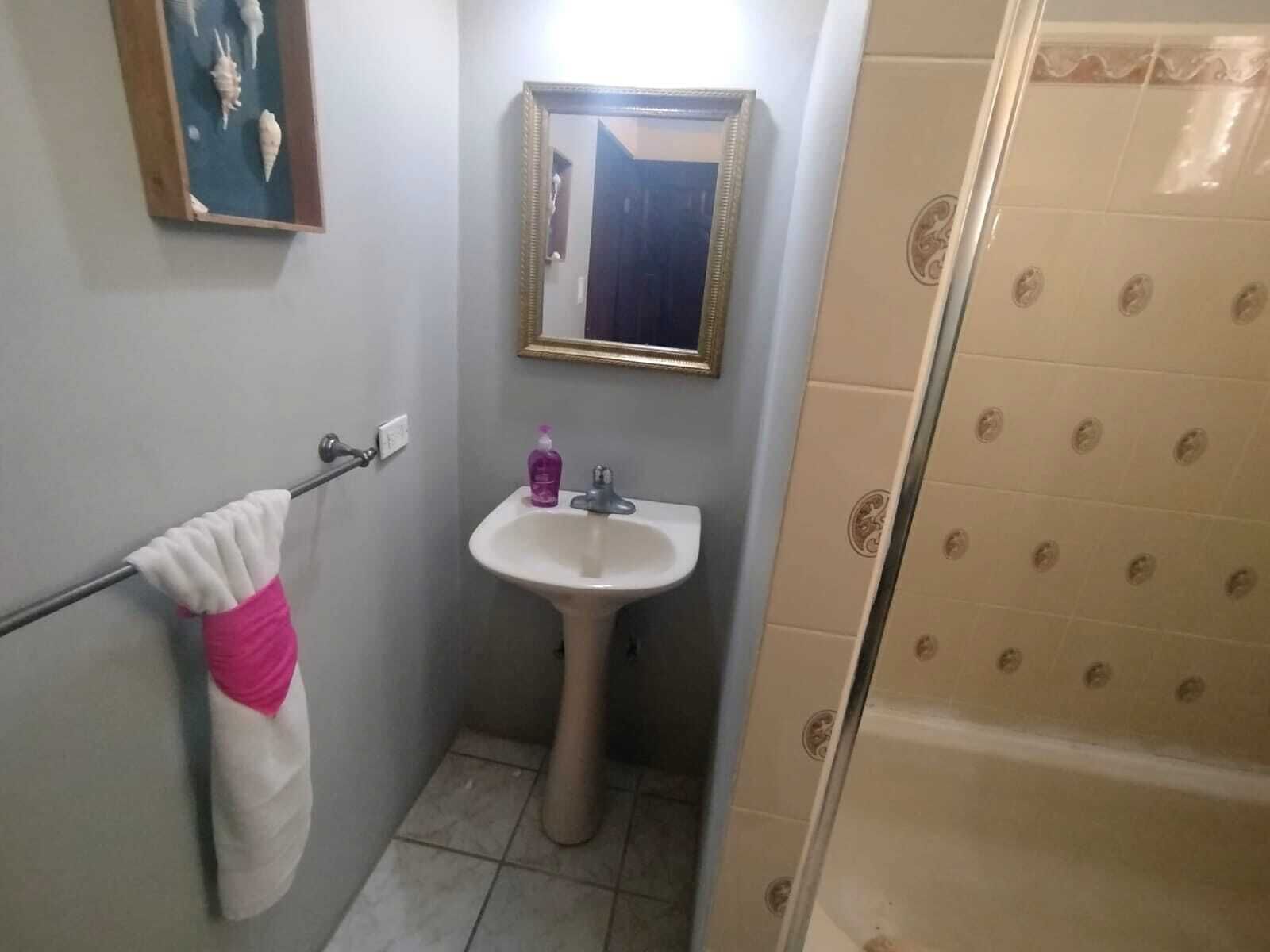 Een badkamer met een wastafel, spiegel en handdoekhouder.