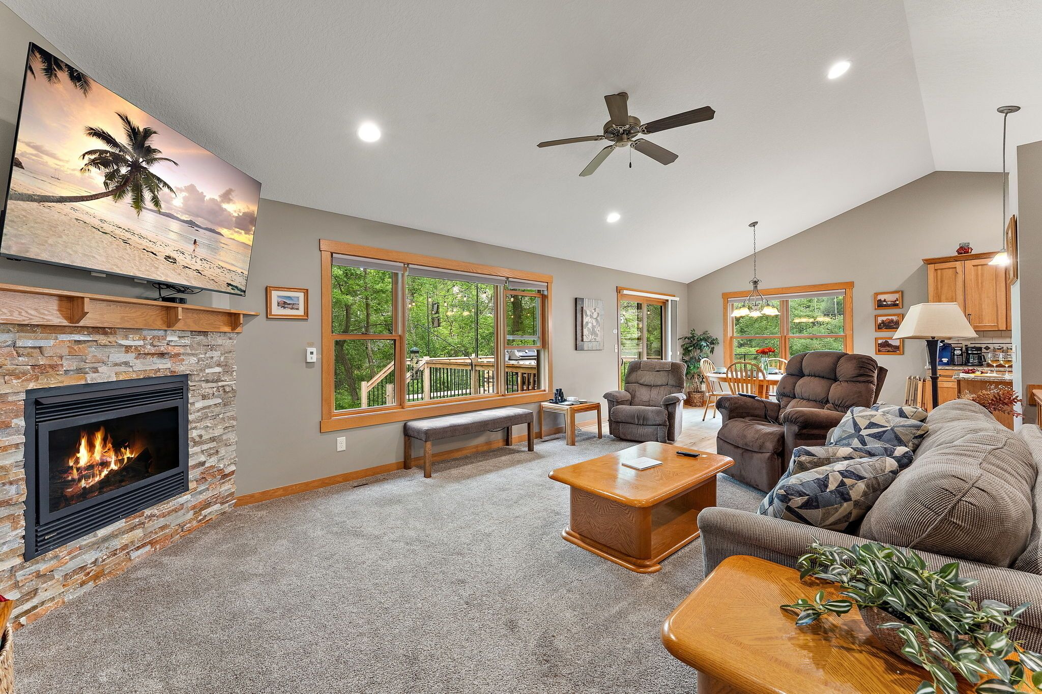 Smart TV, fireplace, books, printers