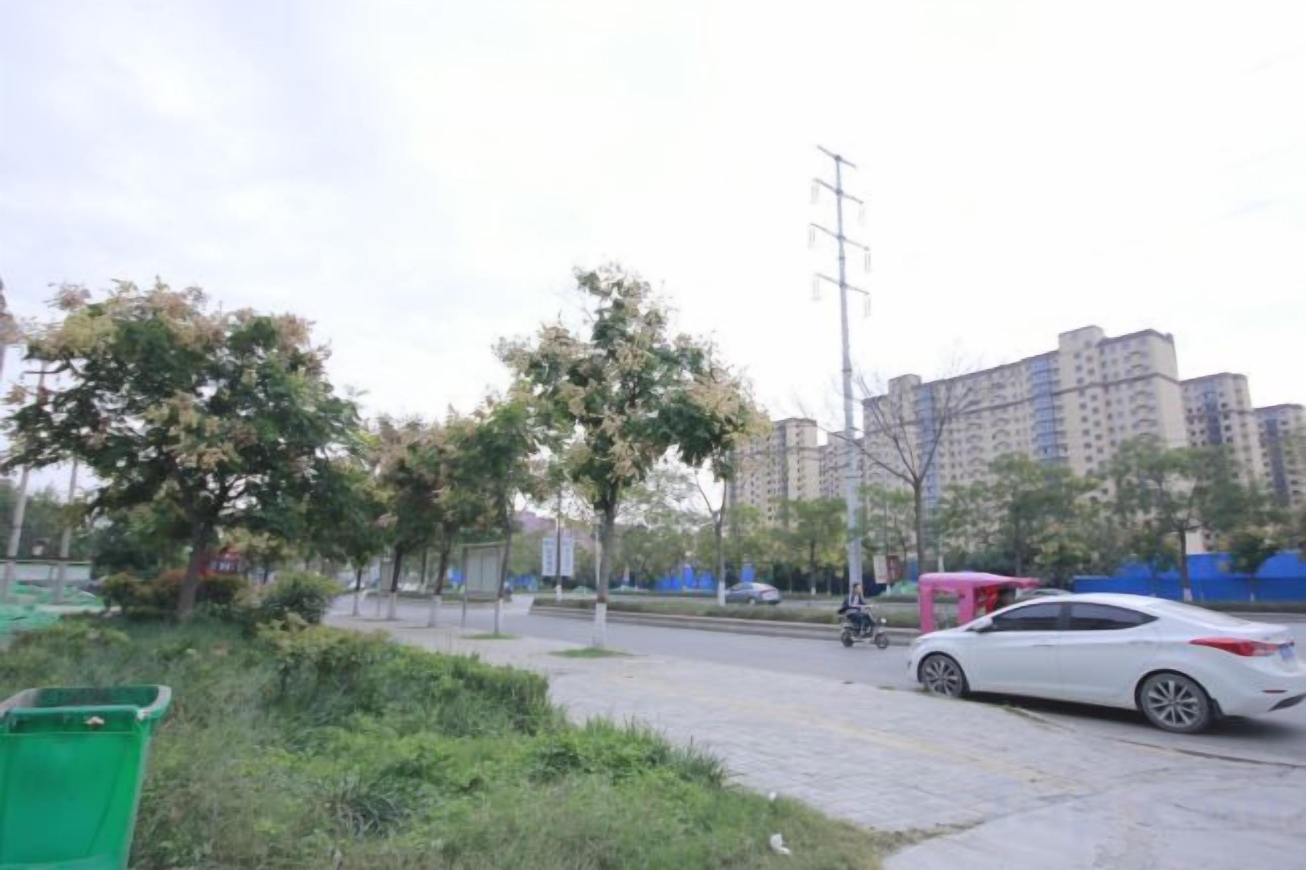 A street with parked cars, trees, and a building in the background.