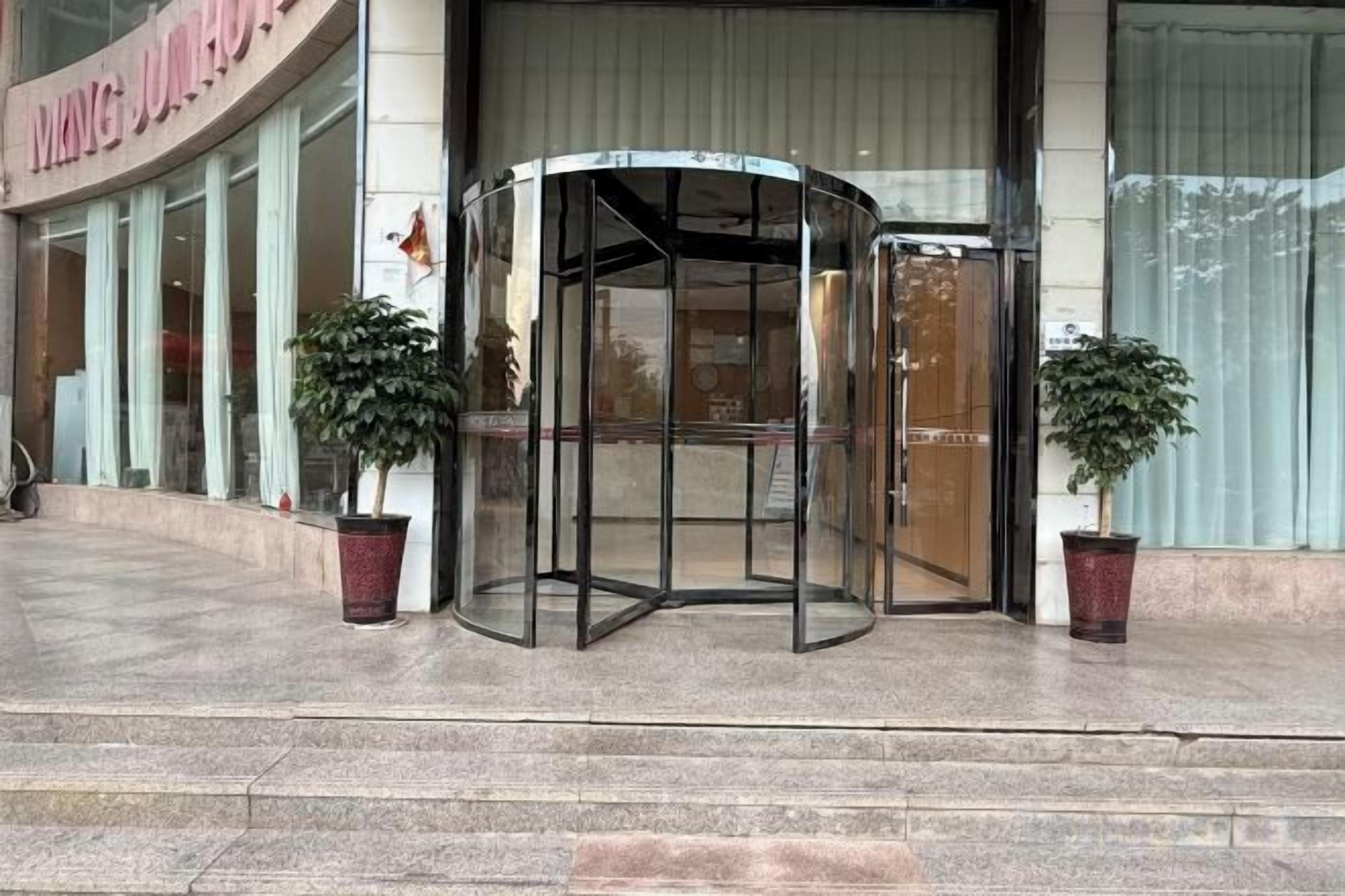 Une porte tournante avec des panneaux de verre, un pot de fleurs à gauche et un pot de fleurs à droite.