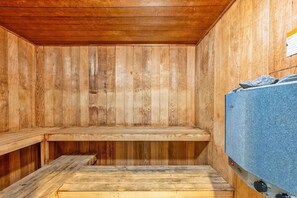 A wooden sauna with benches and a control panel.