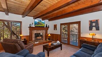 Televisión, chimenea y libros