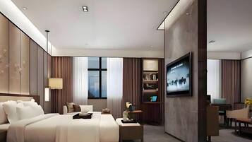 A modern hotel room with a large bed, a TV, a desk, and a bookshelf.