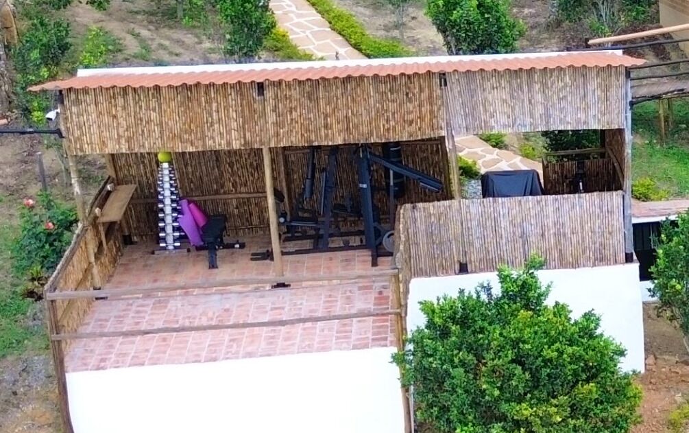 A rustic outdoor structure with a corrugated metal roof and bamboo walls, featuring a brick patio and a metal table.