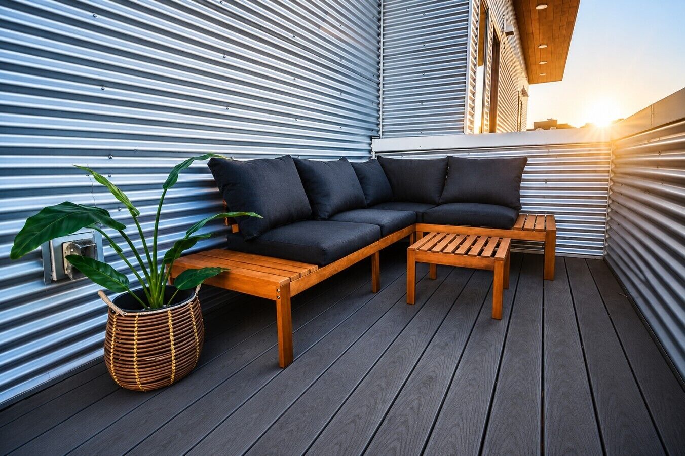 A modern outdoor seating area with a sofa, a wooden coffee table, and a potted plant.