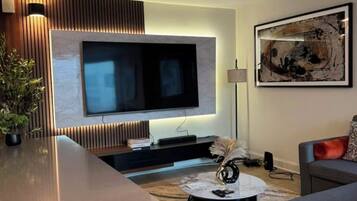 Smart TV, fireplace, computer monitors