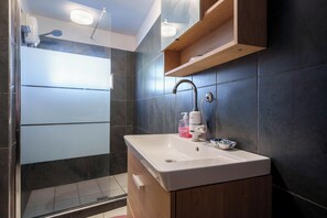 Regadera, secadora de cabello, toallas, papel de baño 