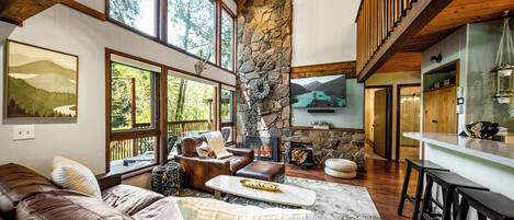 Smart TV, fireplace, DVD player, books