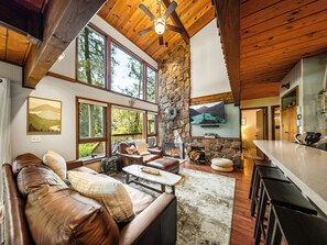 Smart TV, fireplace, DVD player, books