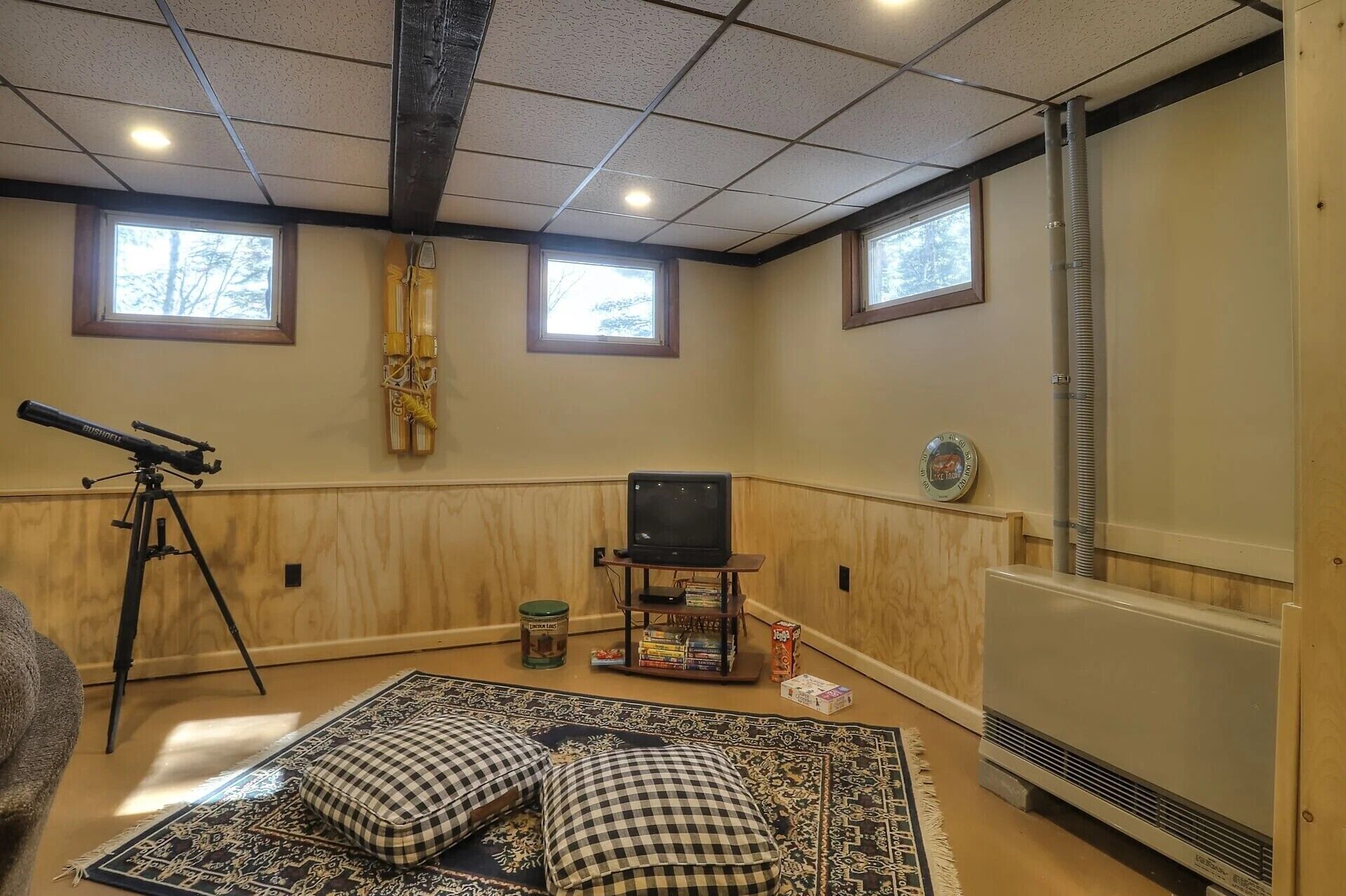 A room with a telescope, a television, and a radiator.