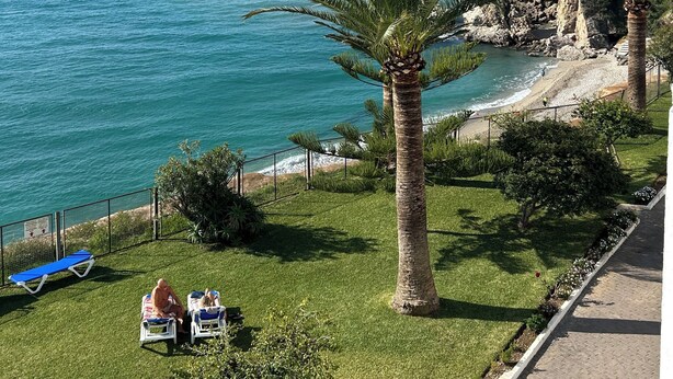 A coastal view with a clear sky, a palm tree, and a grassy area with a few people and a beach chair. - Luxurious Firstline apartment on the beach in central Nerja (Nerja)