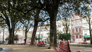 Ein Park mit Bänken und Bäumen, umgeben von Gebäuden.