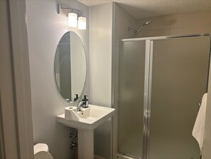 Shower, jetted tub, hair dryer, towels