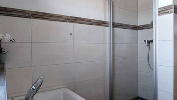 Hair dryer, towels, soap, toilet paper