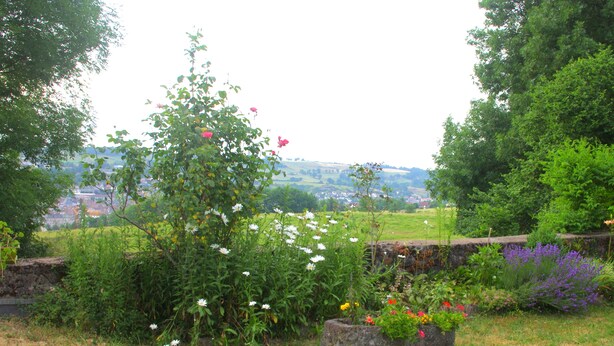 A garden with various plants and flowers, a stone wall, and a view of a distant town. - Renovated 1920s house, 15 minutes' walk from town center, quiet location. (Aurillac)
