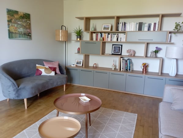 Smart TV, fireplace, books