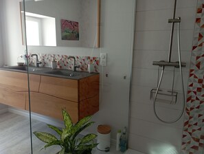 Regadera, secadora de cabello, toallas, papel de baño