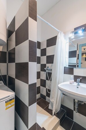 Shower, hair dryer, towels, toilet paper