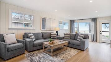 Smart TV, fireplace, books