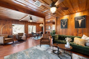 Smart TV, lareira, livros, biblioteca musical