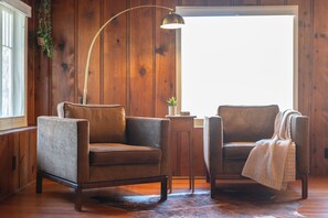 Smart TV, chimenea, libros y biblioteca musical 