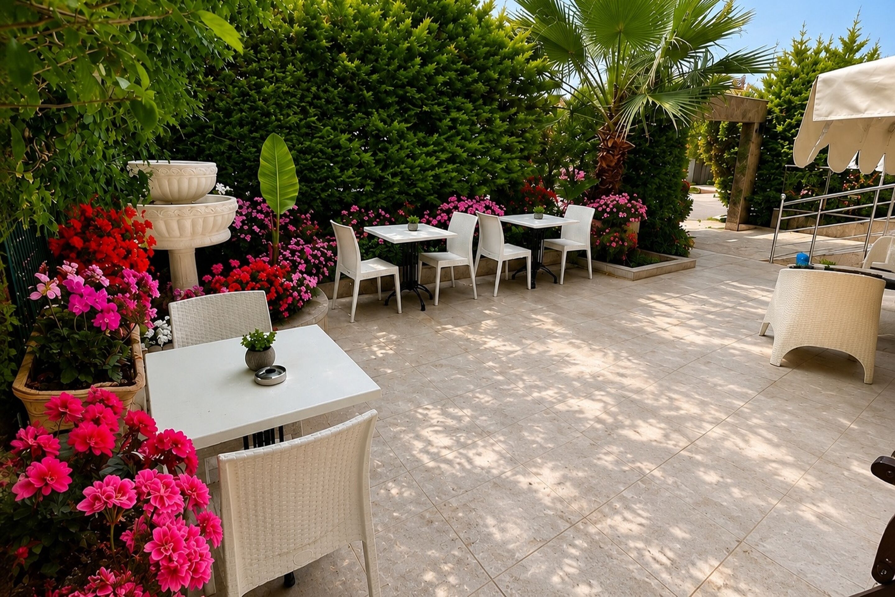 Un patio al aire libre con mesas y sillas, rodeado de exuberante follaje y plantas en flor.