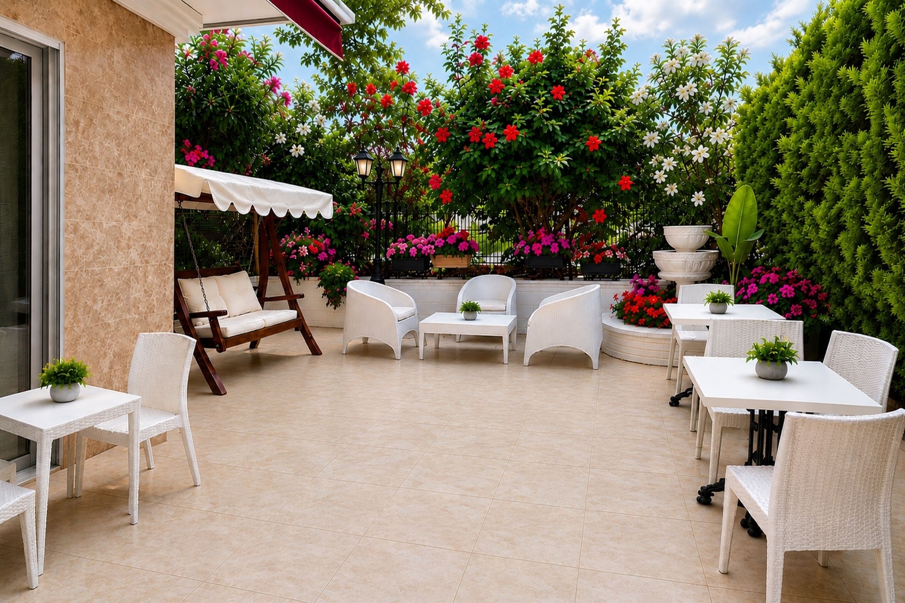 An outdoor patio with white wicker furniture, a swing chair, and a tiled floor.