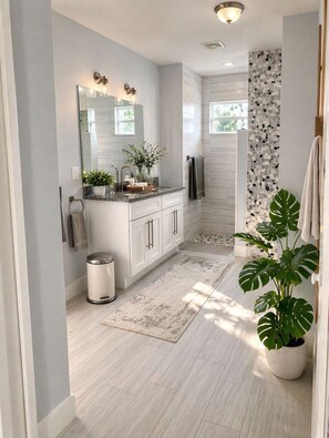 A modern bathroom with a sink, mirror, and potted plant. - Upscale Bonita Springs Villa • Heated Pool • Bikes • 5 Min Beach (Bonita Springs)