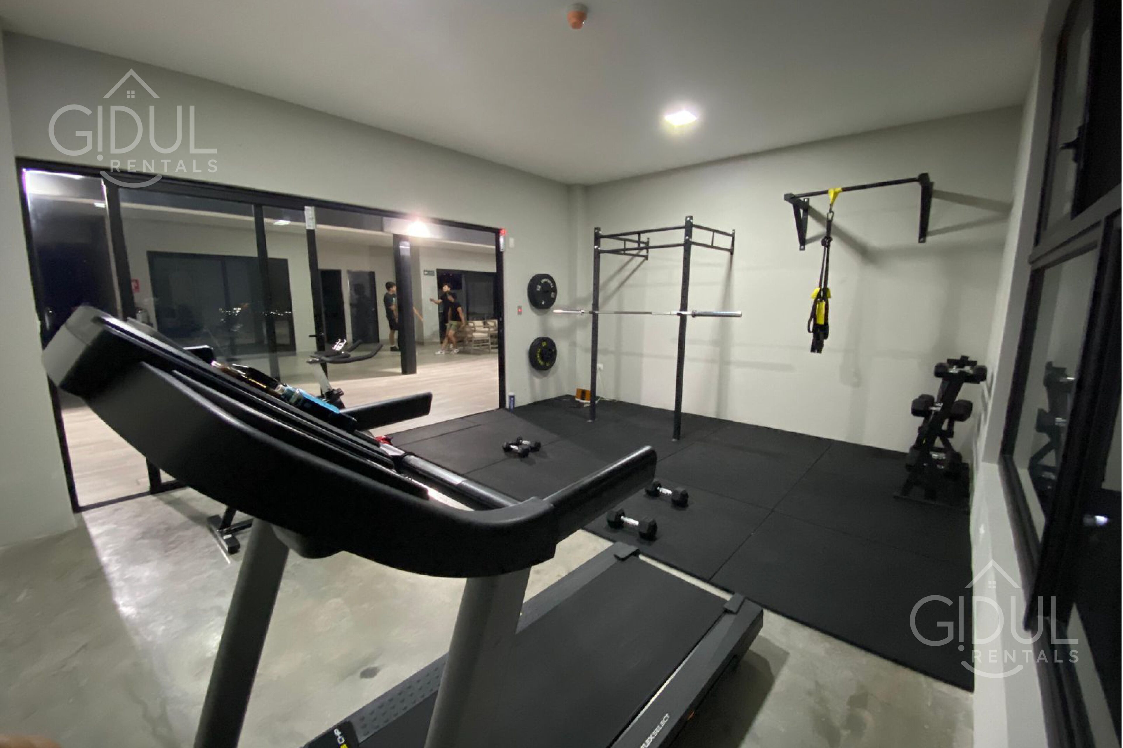 Ett gym med löpband, viktbänk, chinsstång och olika typer av vikter.